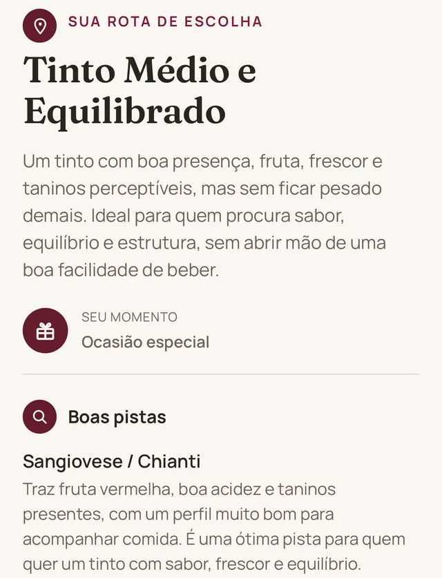 Tela do Vinho Sem Erro mostrando uma Rota: Tinto Médio e Equilibrado