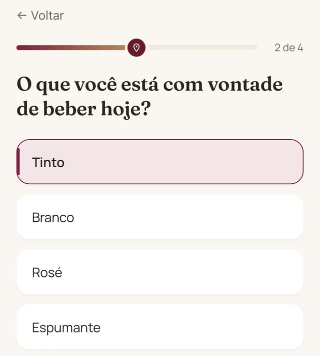 Pergunta 2: tinto, branco, rosé ou espumante